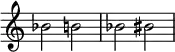 { \omit Score.TimeSignature \key c \major \time 4/4 bes'2 b' bes'! bis'}