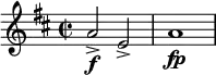 \relative c'' { \clef treble \key d \major \time 2/2 a2\f-> e-> | a1\fp }