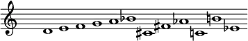 
\header { tagline = ##f }
\layout { indent = 0\cm ragged-right = ##t
  \context { \Score \remove "Bar_number_engraver" \override SpacingSpanner.base-shortest-duration = #(ly:make-moment 6/8) }
  \context { \Staff \remove "Bar_engraver" }
}

global = { \key c \major \time 4/4 \hide Staff.TimeSignature }

violin = \relative c' { \global
  d1 e f g a bes cis, fis aes c,! b'! ees,
}

\score {
  \new Staff \with { midiInstrument = "violin" } \violin
  \layout { }
  \midi { \tempo 1=90 }
}
