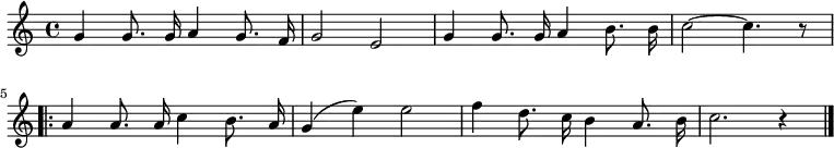 \new Voice \relative c'' {
\autoBeamOff
\language "deutsch"
\tempo 4 = 120 \set Score.tempoHideNote = ##t
\new Voice \relative c'' { \set Staff.midiInstrument = #"trumpet"
\autoBeamOff
\language "deutsch"
\tempo 4 = 120 \set Score.tempoHideNote = ##t
\key c \major
g4 g8. g16 a4 g8. f16 g2 e
g4 g8. g16 a4 h8. h16 c2~ c4. r8
\repeat volta 2 {
a4 a8. a16 c4 h8. a16 g4 ( e' ) e2
f4 d8. c16 h4 a8. h16 c2. r4
}
\bar "|."
}
}