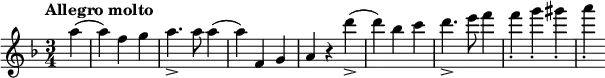 
\new Staff <<
  \set Staff.midiInstrument = #"violin"
  \relative c''{
  \clef treble
  \key d \minor
  \time 3/4
  \tempo "Allegro molto" \tempo 2. = 80
  \partial 4 a'4( 4) f  g a4._> 8 a4( 4) f, g a r d'4_>( 4) bes c d4._> e8 f4 4_. g_. gis_. a_.  
}
>>
