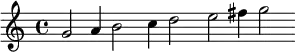 \relative c' { \override Staff.BarLine #'stencil = ##f { g'2 a4 b2 c4 d2 e fis4 g2 }}