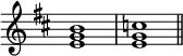 {
\override Score.TimeSignature
#'stencil = ##f
\relative c' {
\time 4/4 \key b \minor
<e g b>1 <e g c> \bar "||"
}
}