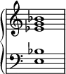 
\new PianoStaff <<
  \omit Score.TimeSignature
  \new Staff { <ees' g' bes'>1 }
  \new Staff { \clef bass <e bes>1 }
>>
