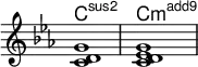 
<<
  \new ChordNames \chordmode {
    \set additionalPitchPrefix = #"add"
    c1:sus2 c:3-.5.9
  }
  \new Staff \chordmode {
    \key c \minor
    \omit Staff.TimeSignature
    c1:sus2 c:3-.5.2
  }
>>
