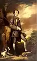 Sir Joshua Reynolds's Portrait of Philip Gell, full-length, in a purple embroidered French frock suit, holding a gun, a spaniel at his feet, in a landscape (94 x 58 in. / 238.7 x 147.3 cm)